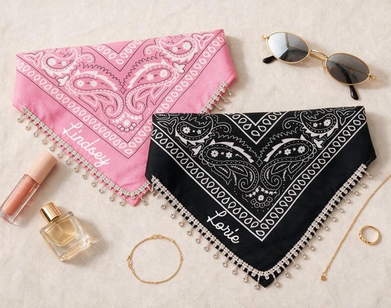 Rhinestone Fringe Bride Bandana, Custom Printed Bridal Bandana, Cute Bachelorette Party Accessory