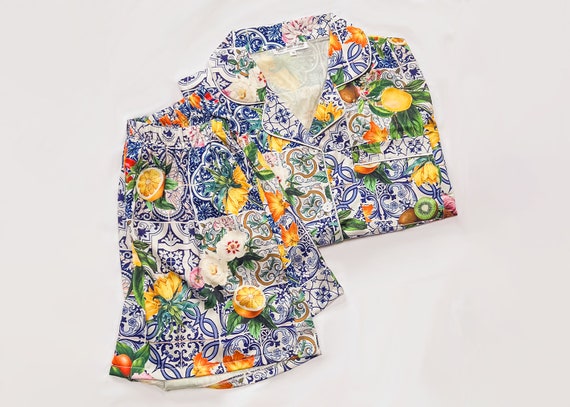 fruit print pajamas, tile print pajamas, fruit pattern pajamas, pattern pajamas, bride, birthday girl, monogram pajamas, fruit print set