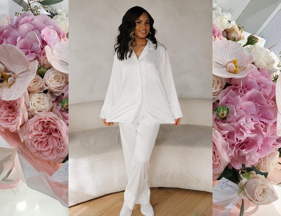 White Satin Wedding Pajamas, Custom Bride Pajamas, White Satin Stretch Pajamas, Stretchy Pajama Pants, White Satin Stretch PJs, Wedding Day