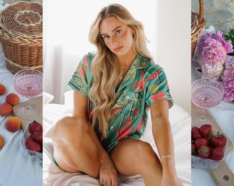 Pijamas para las vacaciones, conjunto de pijama con estampado floral tropical, pijamas bohemios de satén, ropa de estar colorida para el verano, para relajarse, viajar o regalar.