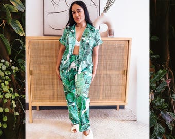 Banana Leaf Pajama Set, Women's Tropical Satin Sleepwear