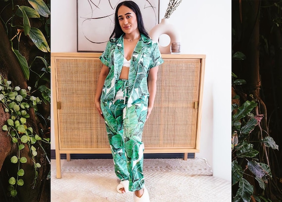 Banana Leaf Pajama Set, Women's Tropical Satin Sleepwear