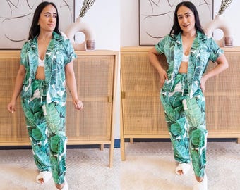Satin Banana Leaf Pajama Pants, Tropical Palm Print Sleepwear