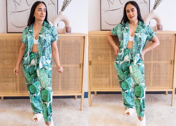 Satin Banana Leaf Pajama Pants, Tropical Palm Print Sleepwear