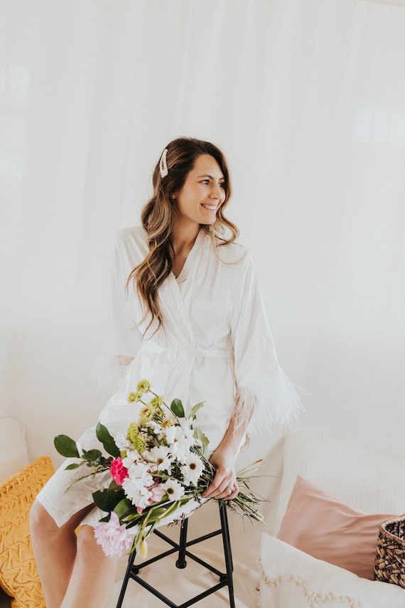 white feathers robe, white bride robe, faux feathers robe, custom bride robe, white satin robe, bride robe, destination wedding robes, satin