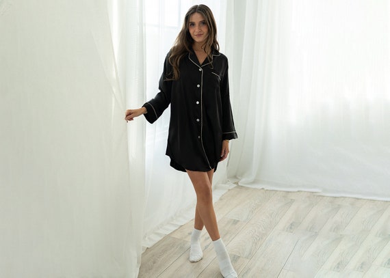 custom women's sleep shirt, custom button down shirt, satin night shirt, satin sleep shirt, long sleep shirt, long sleeve pajamas, custom