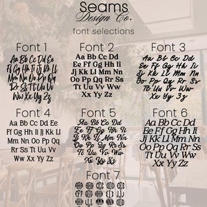May include: A chart showing seven different font styles, labelled Font 1 through Font 7. Each font style displays the alphabet from A to Z in uppercase.