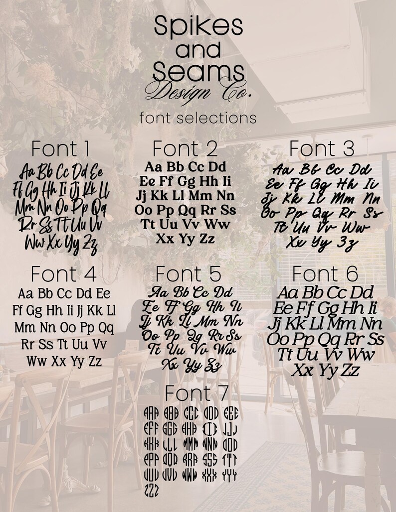 May include: A chart showing seven different font styles, labelled Font 1 through Font 7. Each font style displays the alphabet from A to Z in uppercase.