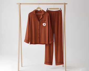 Personalized Burnt Orange Pajamas, Orange Satin Pajamas, Perfect Gift for Bridesmaids, Birthdays & Weekends, Soft Stretch Loungewear, Gift