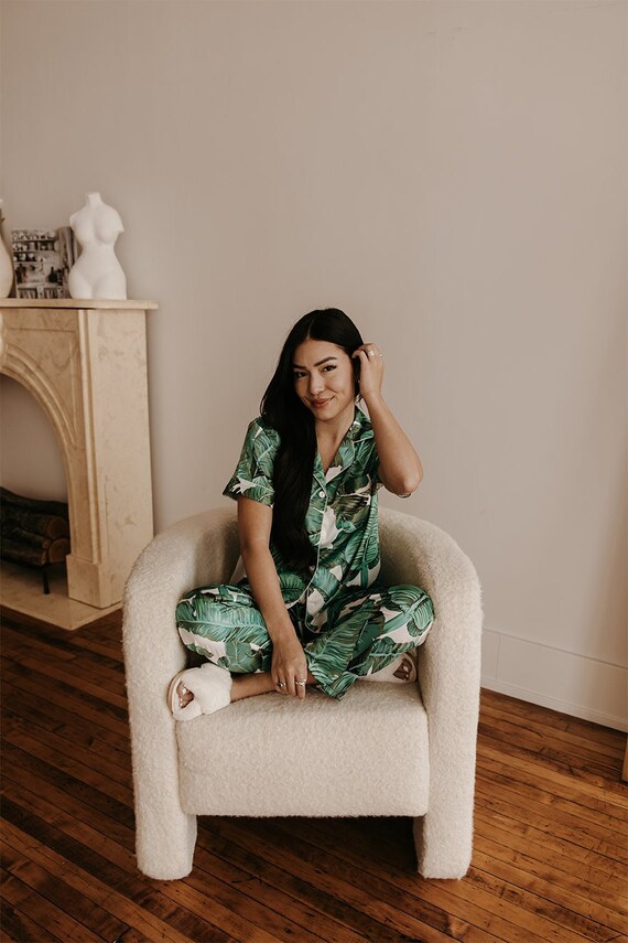 green tropical pajamas, matching pajamas, palm leaf pajamas, tropical pattern pajamas, beach wedding, destination wedding, banana leaf pjs