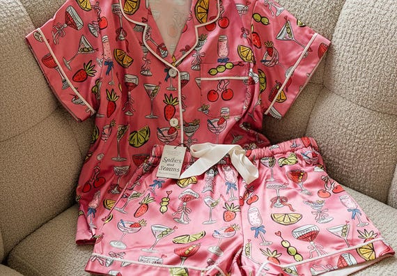 slumber party vibes, chic pattern pajamas, women's pink pattern sleepwear, trendy pink pajamas, Cocktail Lounge Set, Bachelorette Sleepwear
