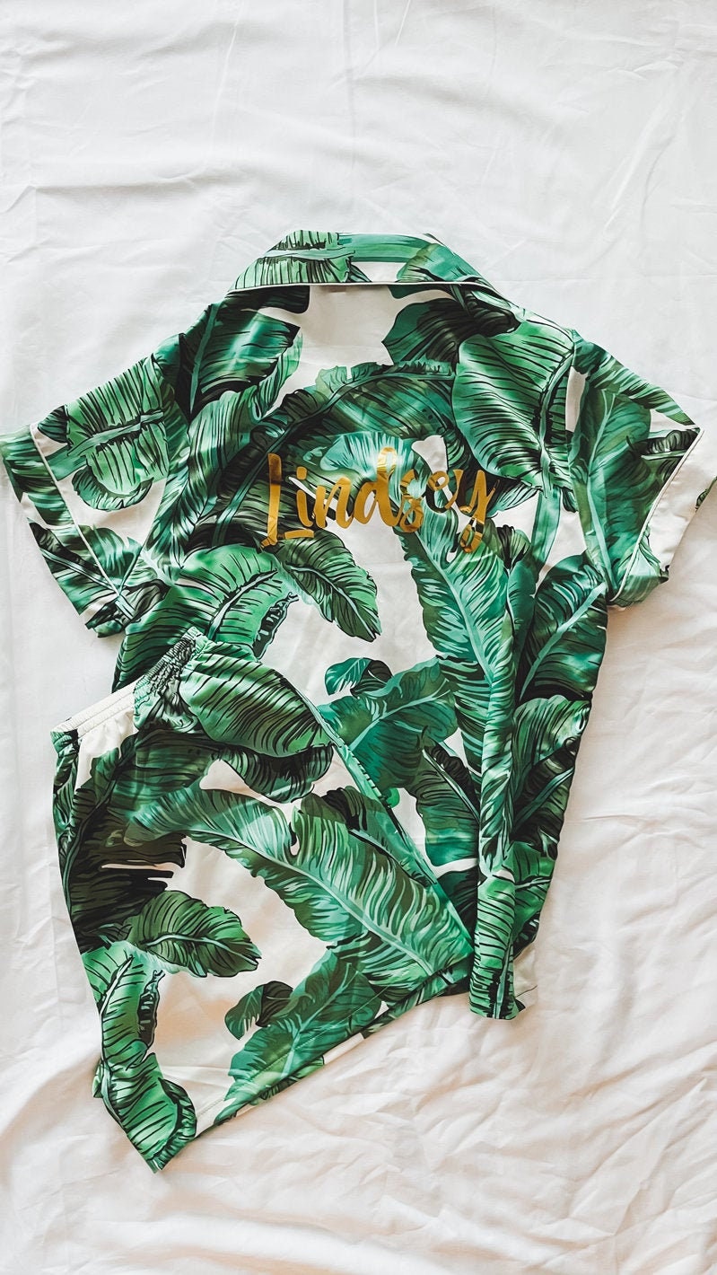 Green Palm Leaves Pajama Set Banana Leaf Pajamas Monogram Etsy
