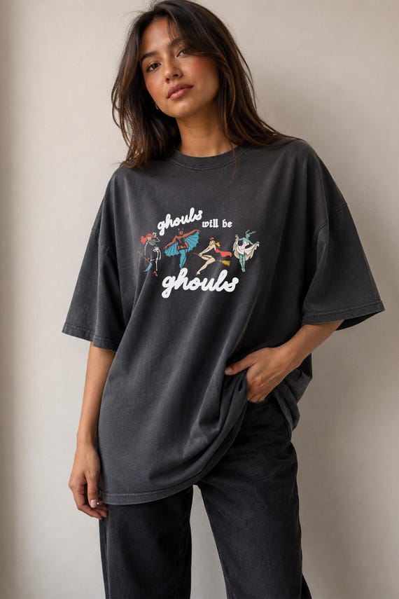 women's halloween tee, ghouls graphic shirt, autumn top, fall season, spooky vibes, witches, ghosts shirt