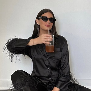 Black Feather Pajamas, Ostrich Feather Pajamas, Black Feather Set