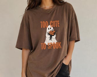 Demasiado linda para asustar, camiseta extragrande de Halloween, camiseta de otoño para mujer, fantasmas, espeluznante