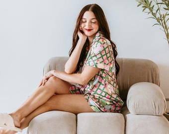 Satynowa piżama Pickleball Daisy, kwiatowy strój wypoczynkowy