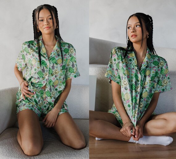 Luxury Pickleball Satin Pajamas with Stretch | Fun & Comfy Loungewear Set | Gift for Pickleball Players | Pickleball Lover Satin Pajama Set