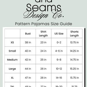 May include: A size guide chart for Spikes and Seams Design Co. Pattern Pajamas. The table lists sizes XS through 3XL with corresponding measurements in inches for bust, shirt length, and shorts length, alongside US size ranges from 0 to 20.