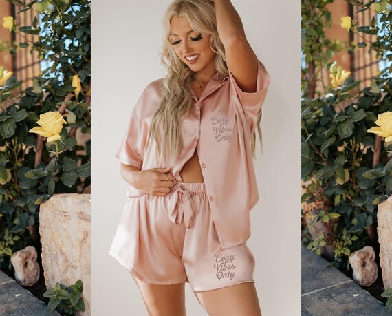 Bespoke Pale Pink Satin Pajama Set, Your Bridal Party, Wedding Day, or Special Occasion, Wedding Morning Bliss, Blush Satin Pajama Set, PJs