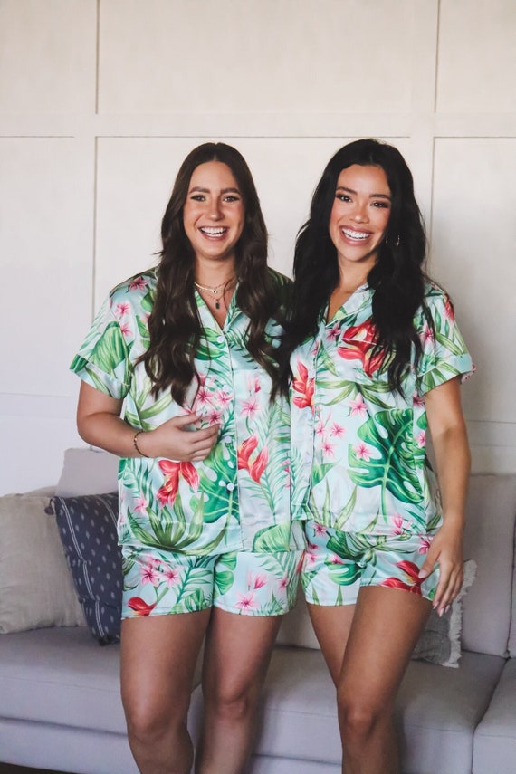 custom tropical pajamas, holiday pajama set, family pajamas, palm leaf pajamas, banana leaf, monogram pajamas, Christmas, bridesmaid pajamas