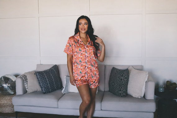rustic wedding pajamas, cowboy print pajamas, country wedding pajamas, bridesmaid, bride, western boots pj's