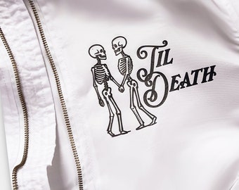 custom padded bomber jacket, until death, white bomber jacket, wedding jacket, until death shirt, wedding gift, bride, bachelorette party