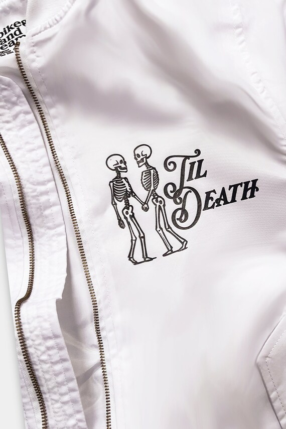 custom padded bomber jacket, until death, white bomber jacket, wedding jacket, until death shirt, wedding gift, bride, bachelorette party