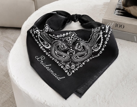 Custom Black Bandana Personalized Name Paisley Scarf, Rustic Western Wedding Favor, Cowboy Bachelorette Party Gift