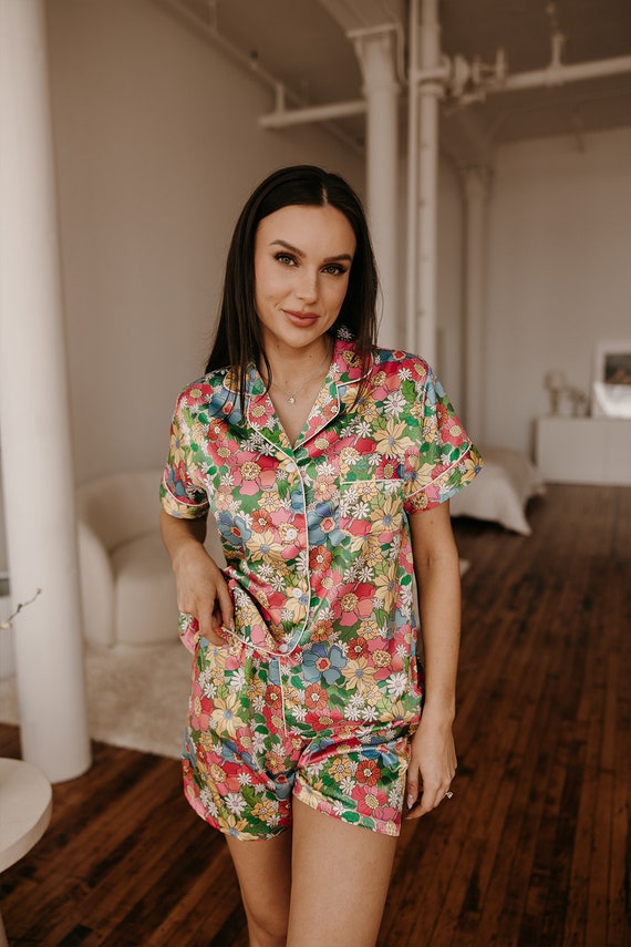 rainbow pajamas, colorful pajamas, rainbow print pajamas, bridesmaid, bride, groovy pajamas, groovy gift, custom rainbow pajamas, rainbow