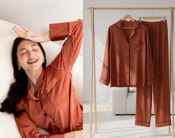 burnt orange pajamas, orange pajama pants, custom pajamas, monogram pajamas, bridal party pajamas, bridesmaid pajamas, wedding pajamas