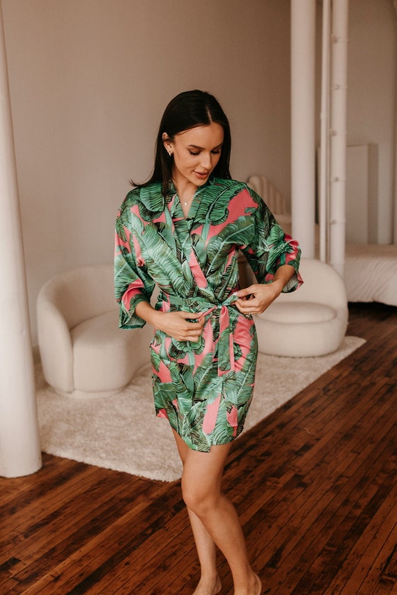 pink palm leaf robe, bridesmaid robe, tropical robe, bridal party robes, banana leaf robe, tropical satin robe, wedding robe, monogram robe