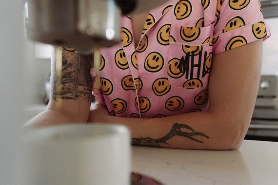 smiley face pajamas, smiley print pajamas, pink wedding pajamas, bridesmaid, bride, birthday girl pajamas, smile pajamas, smile face pajamas