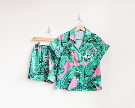 pink palm leaf pajamas, banana leaf pajamas, pink tropical monogram pajamas, wedding pajamas, bridesmaid pajamas, bride pj's, pink pajamas