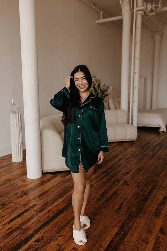 custom satin top, luxe loungewear, cozy nightwear, personalized satin shirt, satin sleepwear gift, luxury pajamas, forest green pajamas, pjs