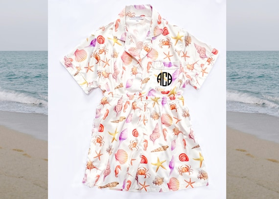 seashell pajamas Beach pattern pajamas custom wedding pajamas bridesmaid bride seashell print pajamas Beach pajamas tropical pajamas