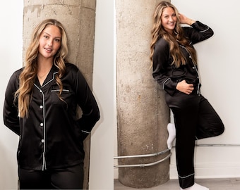 Black Satin Pajama Pants Set, Custom Monogram Loungewear, Chic Sleepwear, Cozy Gifts for Her