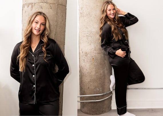 Black Satin Pajama Pants Set, Custom Monogram Loungewear, Chic Sleepwear, Cozy Gifts for Her