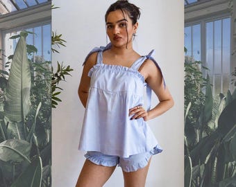 Conjunto de pijama de tirantes de algodón azul, shorts con volantes en el bajo, ropa de dormir para novias, pijamas con monograma