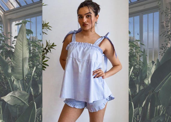 Blue Cotton Cami Pajama Set, Ruffle Hem Shorts, Bridal Sleepwear, Monogram sleepwear