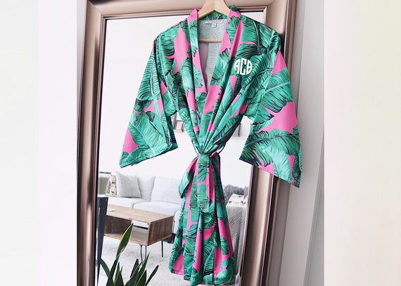 pink palm leaf robe, bridesmaid robe, Hawaiian robe, bridal party, banana leaf robe, tropical satin robe, wedding robes, bride, bachelorette