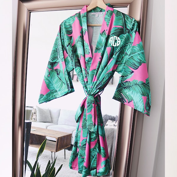 pink palm leaf robe, bridesmaid robe, Hawaiian robe, bridal party, banana leaf robe, tropical satin robe, wedding robes, bride, bachelorette