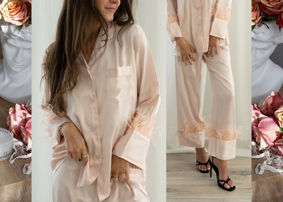pink feather pajamas, blush  feather pajamas, custom bride pajamas, monogram pajamas, bridal party, wedding, pink pjs, custom text pajamas