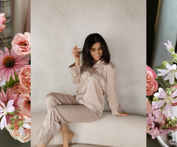 Beige Satin Pajama Set – Personalized Sleepwear for Weddings, Bachelorettes & Special Occasions - Champagne Satin Pajama Set - Ivory Pajamas