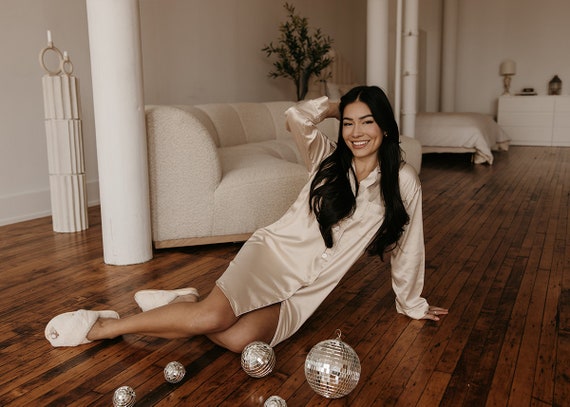 Personalized Silky Nightgown - Luxury Nightgown - Champagne Satin Nightgown - Bridal Button-Up Nightgown - Elegant & Cozy Sleep Shirt - PJs