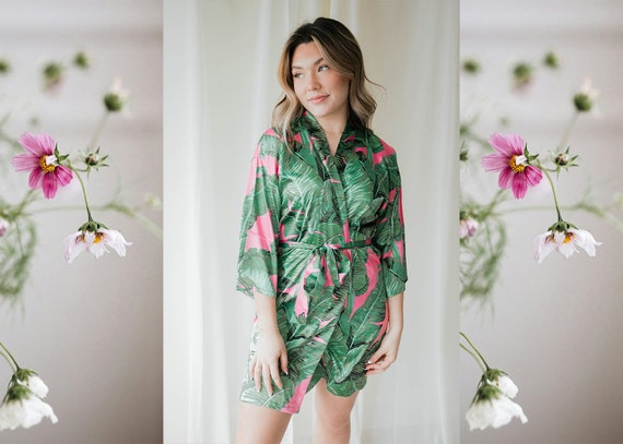 pink palm leaf robe, monogram robe, bridesmaid, wedding robes, banana leaf robe, tropical hawaiian robe, custom satin robes, women's robe
