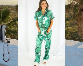 Green Palm Leaf Pajama Set, Monogram Pajamas, Bridesmaid Pajamas