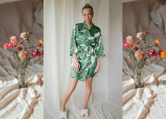 green palm leaf robe, bridesmaid robe, hawaiian robe, bridal party robes, banana leaf robe, tropical robe, destination wedding robes, satin