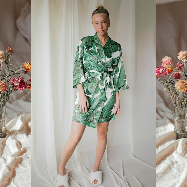 green palm leaf robe, bridesmaid robe, hawaiian robe, bridal party robes, banana leaf robe, tropical robe, destination wedding robes, satin