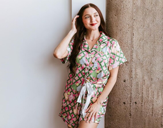 sporty chic pajamas, women's trendy lounge set, floral pattern pajamas, pickleball lover, pickleball gift, trendy matching set, monogram pjs