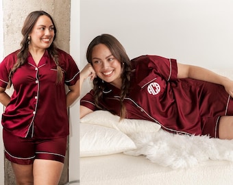 Chic Burgundy Satin Pajamas, Women’s Matching Set, Luxe Gifts for Her, Red Soft Stretchy PJs, Trendy Sleepwear